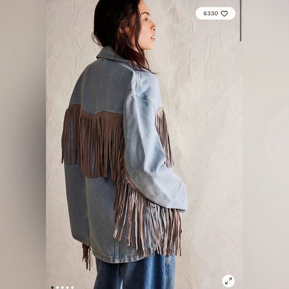 Fringed Light Wash Denim Jacket - Blue - Picture 2 of 7